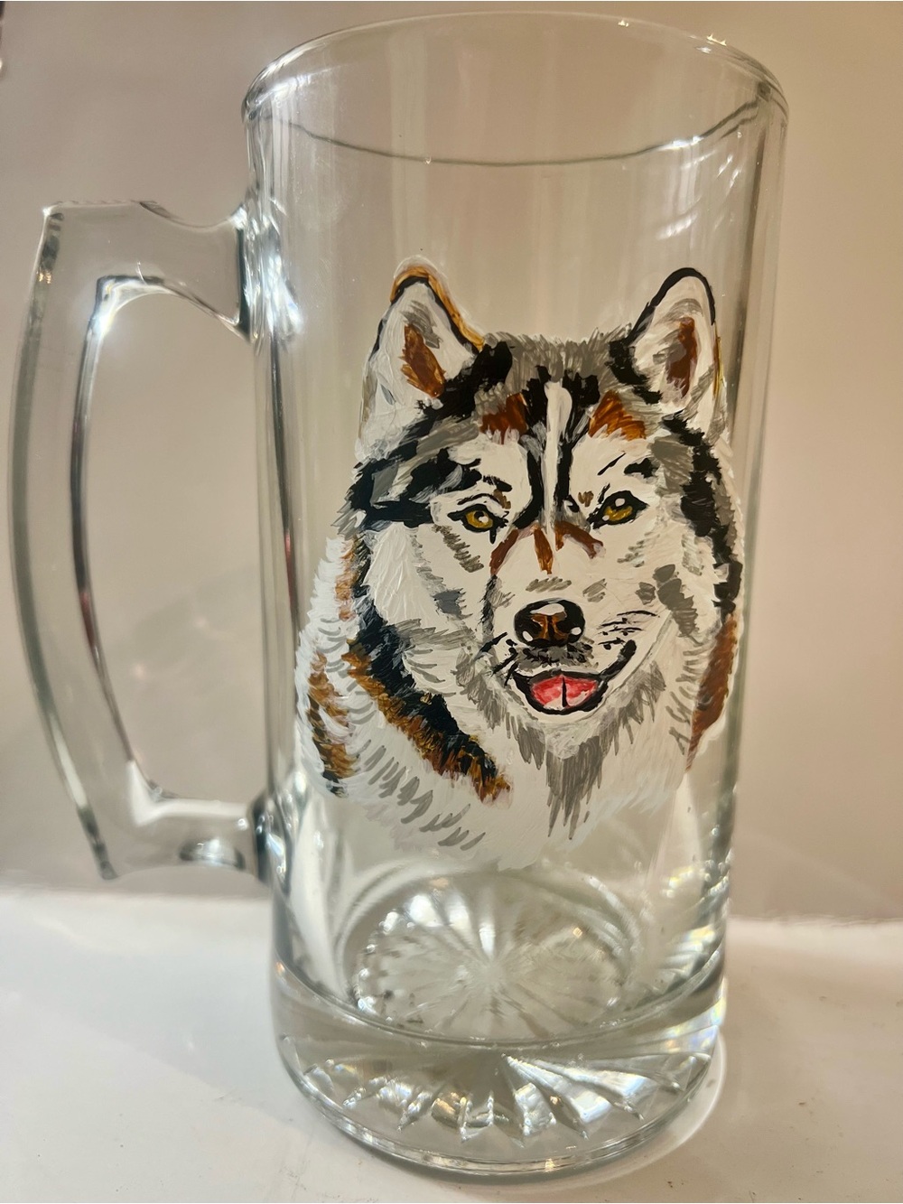 Hand-Painted Siberian Husky Mug - Clear with Brown, Black, Gray Accents